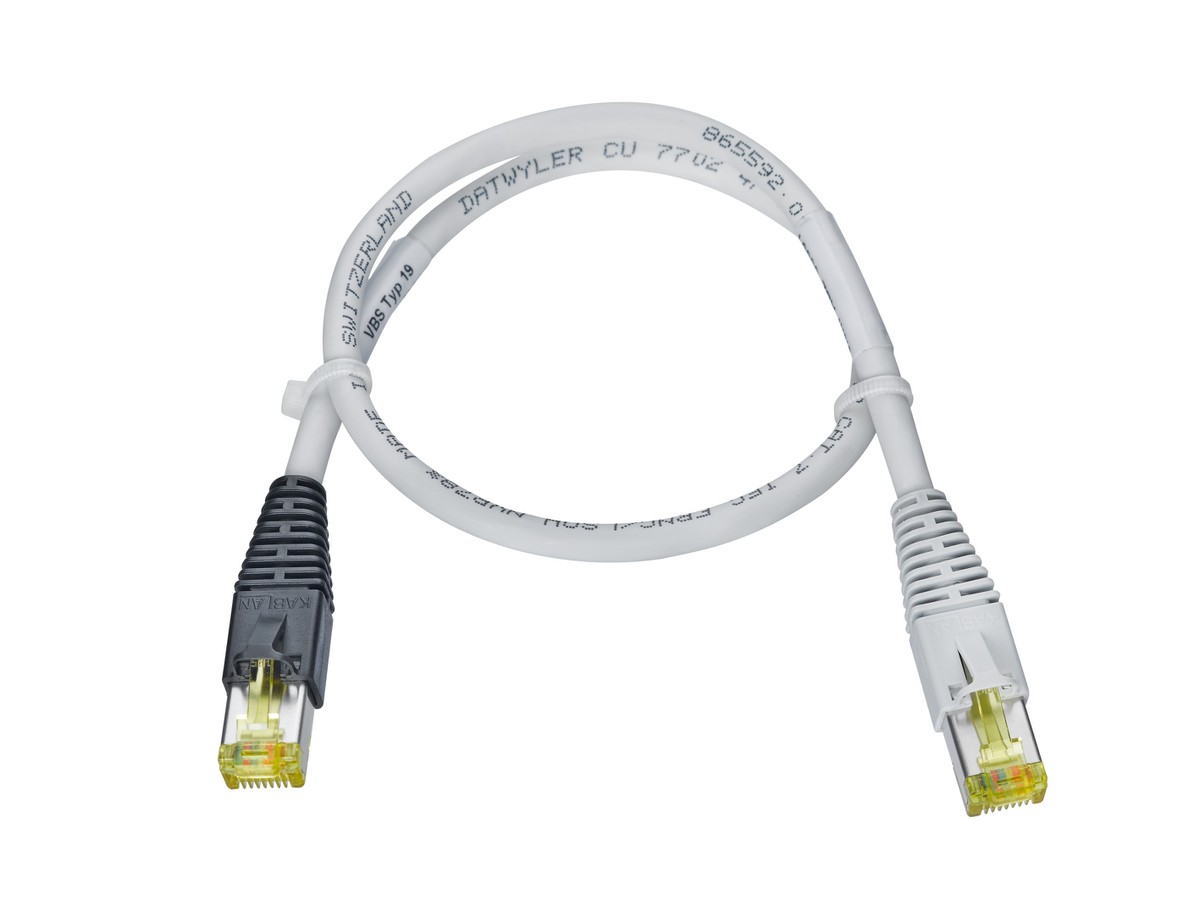 AK VBS Typ 19 RJ45 hf gr/gr/sz Kat.6A 1.0m gr Kabel: Uninet 7702 S/FTP grau Stecker: Hirose TM-31 1.Seite: Knickschutz grau Schirm offen  2.Seite: Knickschutz schwarz Schirm geschlossen