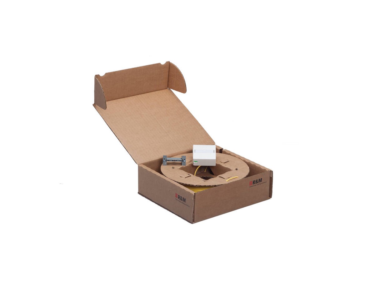 FTTH AP/UP Dose weiss, 1x LC duz Kupplung mit Innenkabel 4 fasrig, A: 2x LC APC 8°, grün, B: -, G657A, C, Dca Innenkabel 4×9/125-G657A, gelb, Länge 20 m, Ø 2,3 mm 20m