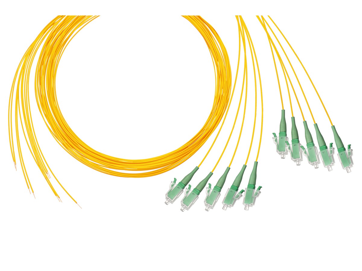 Pigtail jaune pour panneau fibre optique brin compact G652 D, 250µm Fiche LC/APC 2.0 mètres