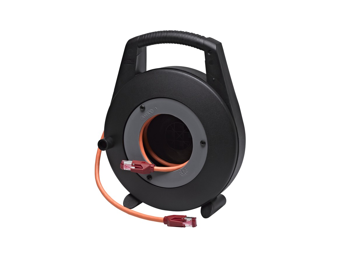 Kabelrolle klein CU 7702 flex 4P PUR orange Eca Stecker HIROSE TM-21 STP 2xRJ45 Kat.6, 10m